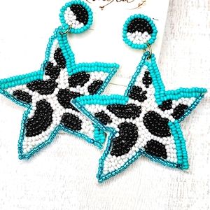 BLUE STAR COWPRINT SEED BEAD EARRINGS